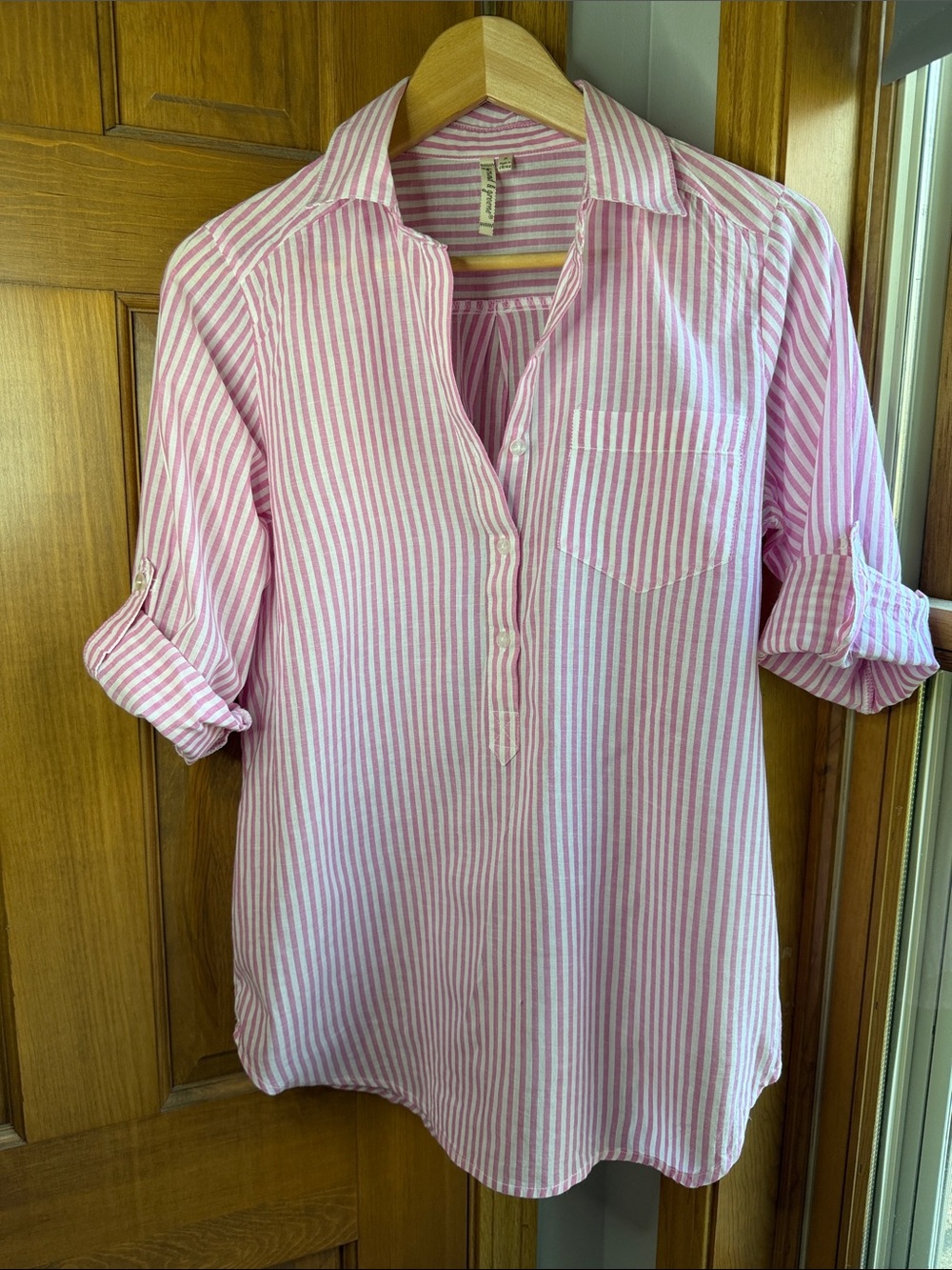 Breezy, Airy 100% Cotton Pink and White Striped Light Button-Front Popover Shirt